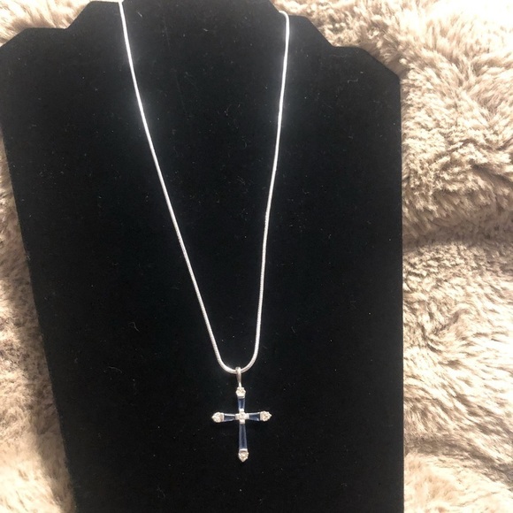 VTG Sterling Blue White CZ Cross Stamped 925 JJT CZ 1.4” w 20” 925 Snake Chain - Picture 3 of 8
